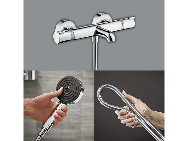 Pack mitigeur bain thermostatique HANSGROHE EcostatComfort + Flexible Isiflex 1,6m + Pommeau Pulsify Select EcoSmart 3 jets chromé