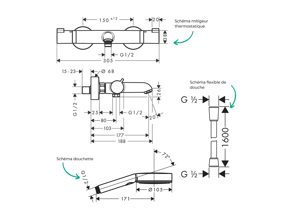 Pack mitigeur bain thermostatique HANSGROHE EcostatComfort + Flexible Isiflex 1,6m + Pommeau Pulsify Select EcoSmart 3 jets chromé