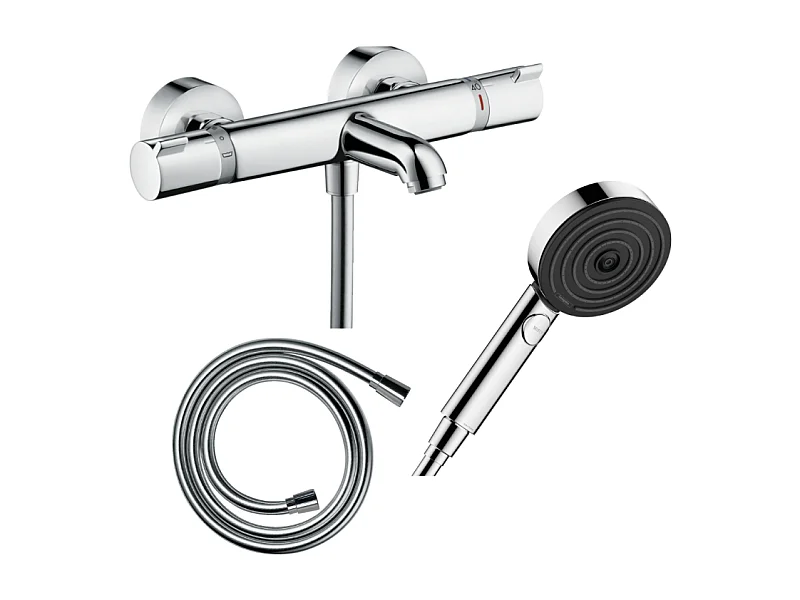 Pack mitigeur bain thermostatique HANSGROHE EcostatComfort + Flexible Isiflex 1,6m + Pommeau Pulsify Select EcoSmart 3 jets chromé