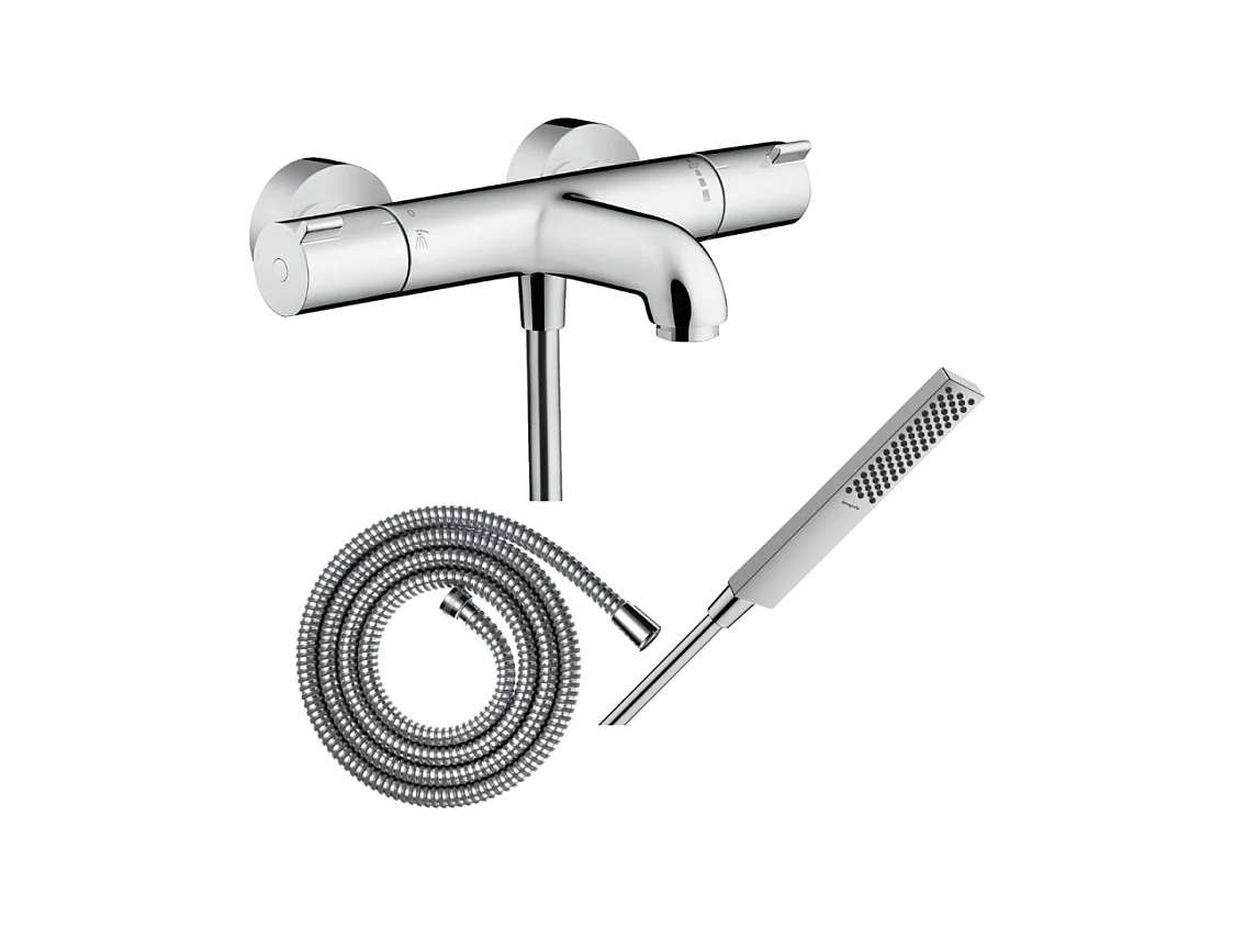 Pack mitigeur bain thermostatique HANSGROHE Ecostat 1001CL + Flexible Metaflex + Pommeau HANSGROHE Pulsify E 100 EcoSmart chromé