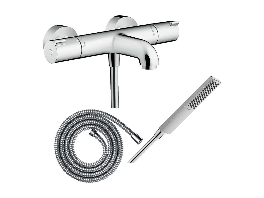 Pack mitigeur bain thermostatique HANSGROHE Ecostat 1001CL + Flexible Metaflex + Pommeau HANSGROHE Pulsify E 100 EcoSmart chromé