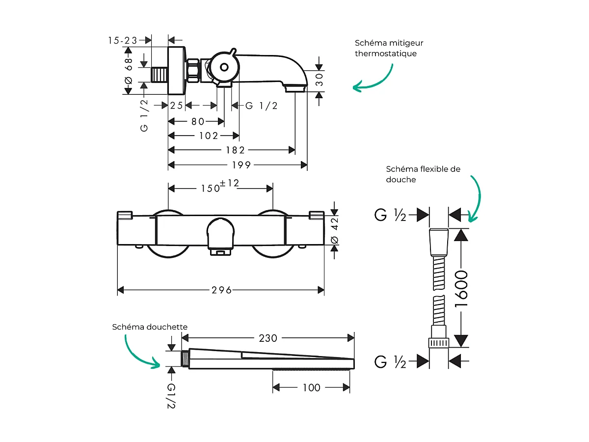 Pack mitigeur bain thermostatique HANSGROHE Ecostat 1001CL + Flexible Metaflex + Pommeau HANSGROHE Pulsify E 100 EcoSmart chromé
