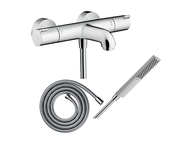 Pack mitigeur bain thermostatique HANSGROHE Ecostat 1001CL + Flexible Metaflex + Pommeau HANSGROHE Pulsify E 100 EcoSmart chromé