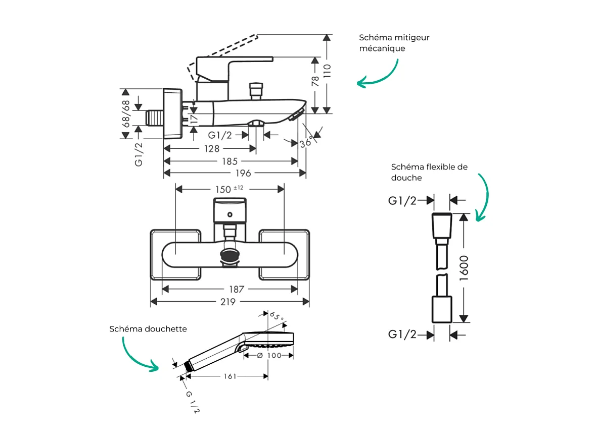 Pack mitigeur bain mécanique HANSGROHE Vernis Shape C2 + Flexible Designflex + Pommeau Vernis Blend 100 EcoSmart 2jets chromé
