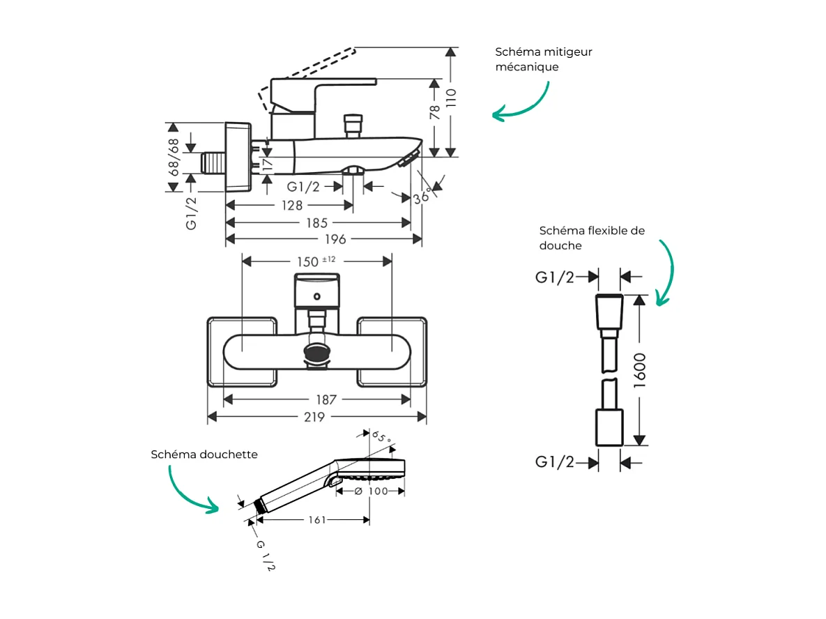 Pack mitigeur bain mécanique HANSGROHE Vernis Shape C2 + Flexible Designflex + Pommeau Vernis Blend 100 EcoSmart 2jets chromé