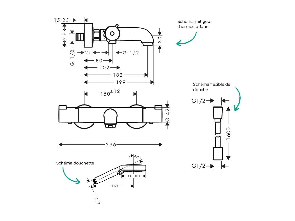 Pack mitigeur bain thermostatique HANSGROHE Ecostat 1001CL + Flexible Designflex + Pommeau Vernis Blend 100 EcoSmart 2jets chromé
