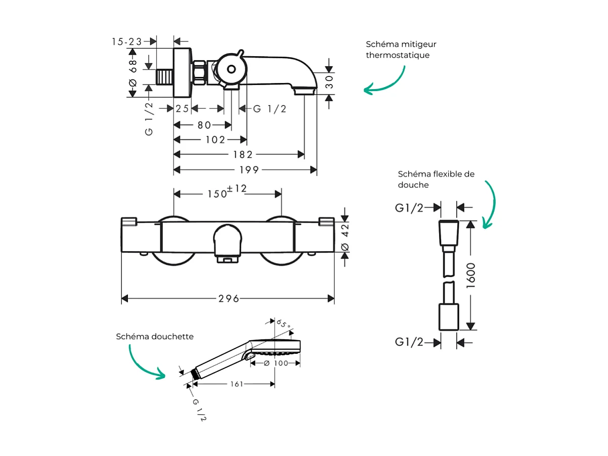 Pack mitigeur bain thermostatique HANSGROHE Ecostat 1001CL + Flexible Designflex + Pommeau Vernis Blend 100 EcoSmart 2jets chromé