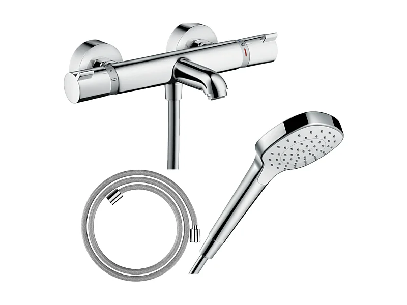 Pack mitigeur bain thermostatique HANSGROHE Ecostat Comfort + Flexible Designflex 1,6m + Pommeau Croma Select E EcoSmart chromé