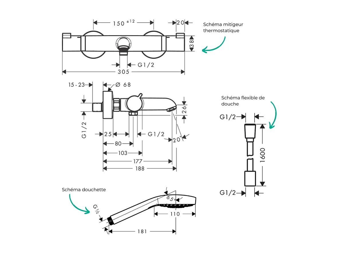 Pack mitigeur bain thermostatique HANSGROHE Ecostat Comfort + Flexible Designflex 1,6m + Pommeau Croma Select E EcoSmart chromé