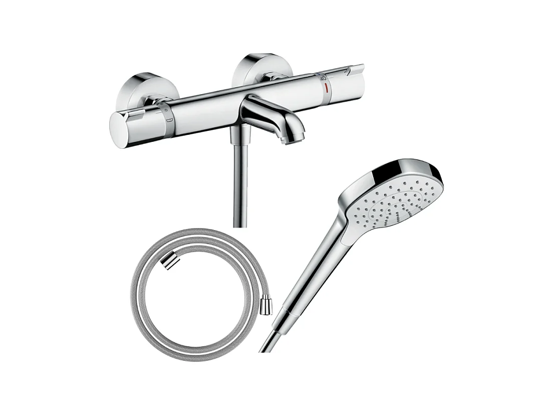 Pack mitigeur bain thermostatique HANSGROHE Ecostat Comfort + Flexible Designflex 1,6m + Pommeau Croma Select E EcoSmart chromé