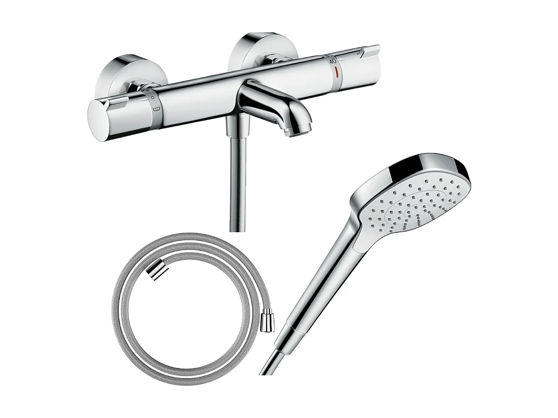 Pack mitigeur bain thermostatique HANSGROHE Ecostat Comfort + Flexible Designflex 1,6m + Pommeau Croma Select E EcoSmart chromé