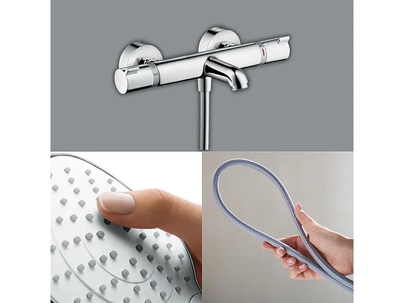 Pack mitigeur bain thermostatique HANSGROHE Ecostat Comfort + Flexible Designflex 1,6m + Pommeau Croma Select E EcoSmart chromé