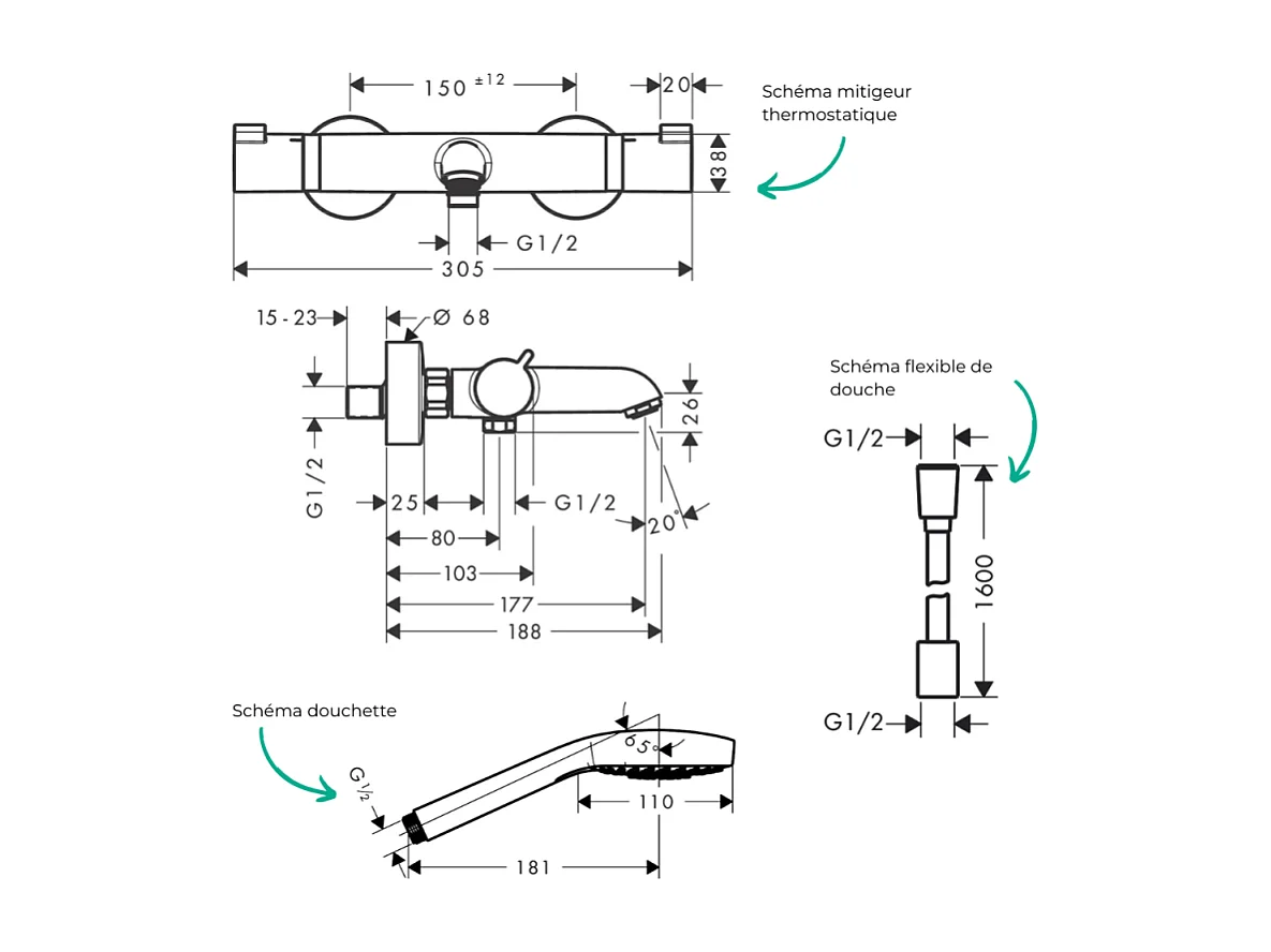 Pack mitigeur bain thermostatique HANSGROHE Ecostat Comfort + Flexible Designflex 1,6m + Pommeau Croma Select E EcoSmart chromé