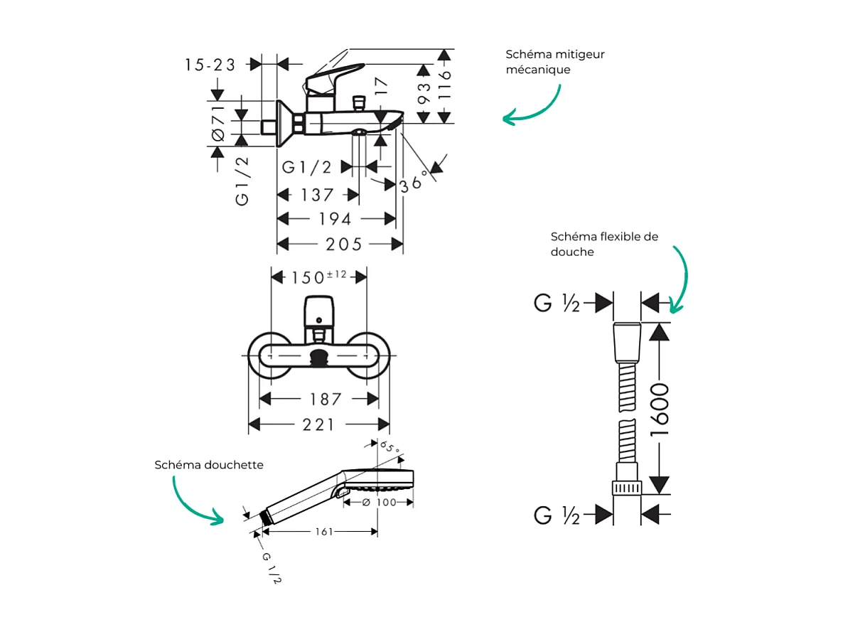 Pack mitigeur bain douche mécanique HANSGROHE Logis + Flexible Metaflex + Pommeau Vernis Blend 100 EcoSmart 2jets chromé