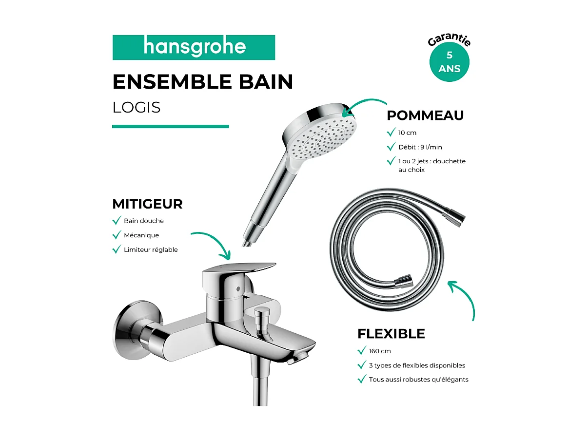 Pack mitigeur bain douche mécanique HANSGROHE Logis + Flexible Metaflex + Pommeau Vernis Blend 100 EcoSmart 2jets chromé