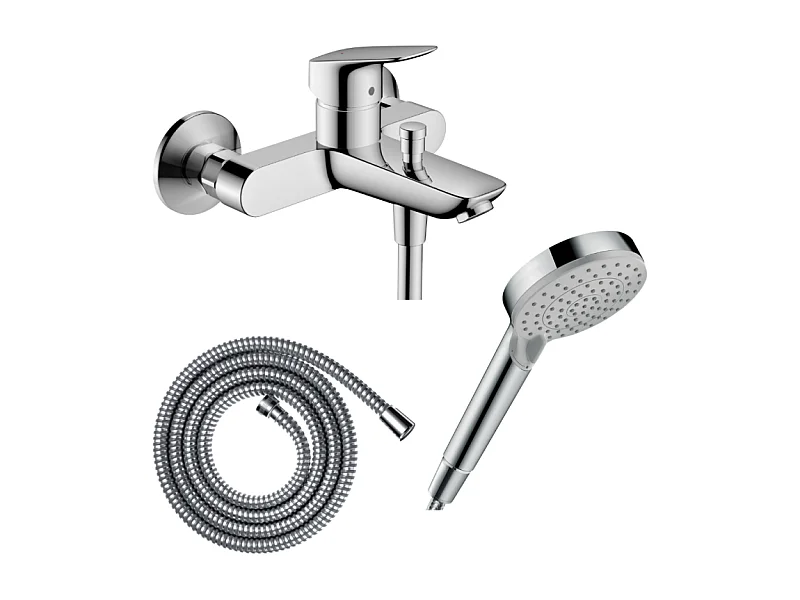 Pack mitigeur bain douche mécanique HANSGROHE Logis + Flexible Metaflex + Pommeau Vernis Blend 100 EcoSmart 2jets chromé