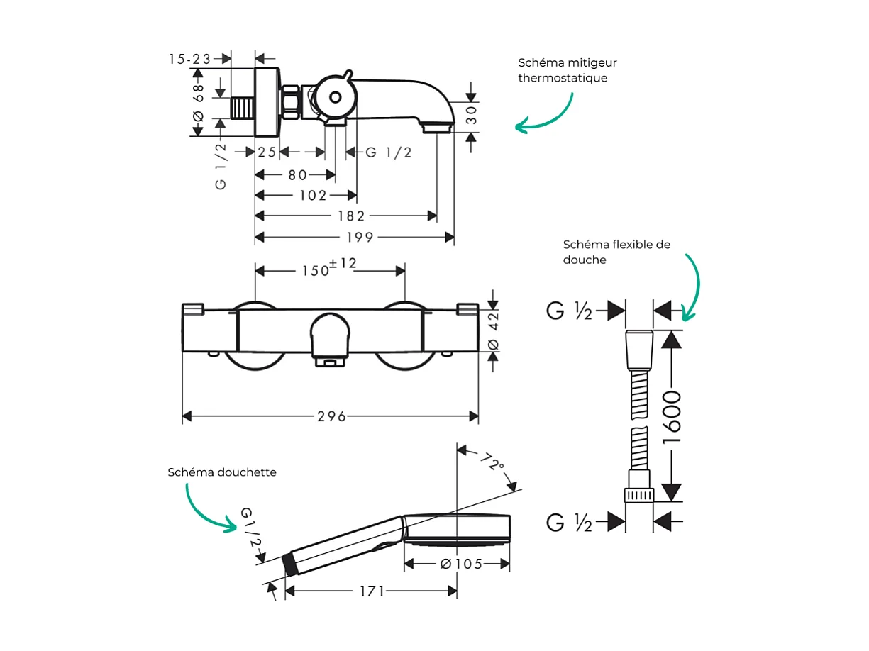 Pack mitigeur bain thermostatique HANSGROHE Ecostat 1001CL + Flexible Metaflex + Pommeau Pulsify Select EcoSmart 105 3jets chromé