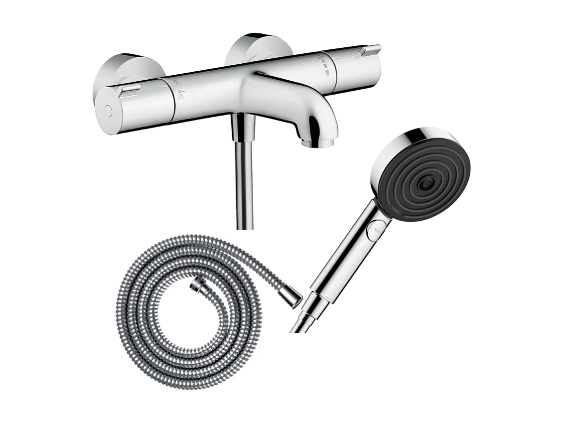 Pack mitigeur bain thermostatique HANSGROHE Ecostat 1001CL + Flexible Metaflex + Pommeau Pulsify Select EcoSmart 105 3jets chromé