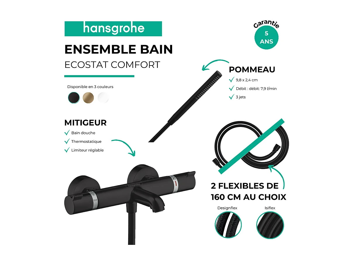 Pack mitigeur bain douche thermostatique HANSGROHE Ecostat Comfort  + Flexible Designflex + Pommeau Pulsify S noir mat