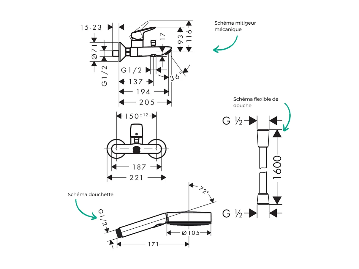 Pack mitigeur bain douche mécanique HANSGROHE Logis + Flexible Isiflex + Pommeau Pulsify Select EcoSmart 105 3jets chromé