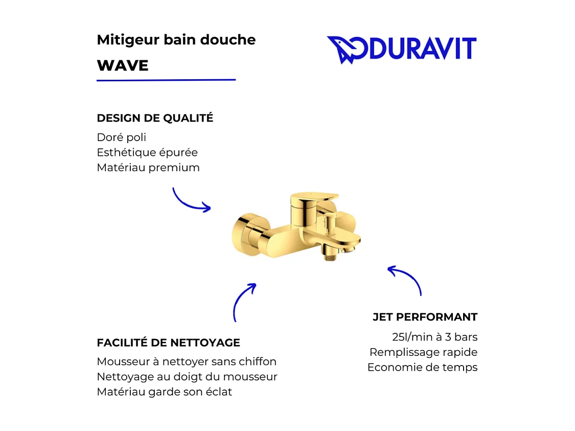 Mitigeur bain douche mécanique DURAVIT Wave doré poli