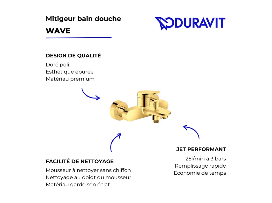 Mitigeur bain douche mécanique DURAVIT Wave doré poli