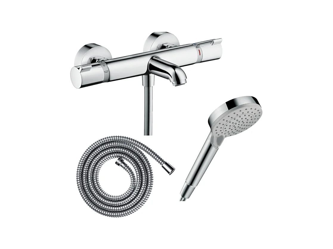 Pack mitigeur bain thermostatique HANSGROHE Ecostat Comfort + Flexible Metaflex 1,6m + Pommeau Vernis Blend EcoSmart 2 jets chromé