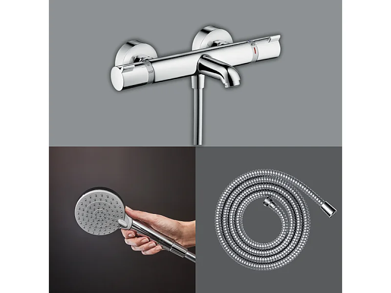 Pack mitigeur bain thermostatique HANSGROHE Ecostat Comfort + Flexible Metaflex 1,6m + Pommeau Vernis Blend EcoSmart 2 jets chromé