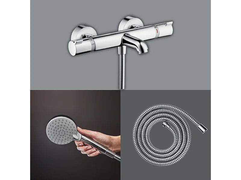 Pack mitigeur bain thermostatique HANSGROHE Ecostat Comfort + Flexible Metaflex 1,6m + Pommeau Vernis Blend EcoSmart 2 jets chromé
