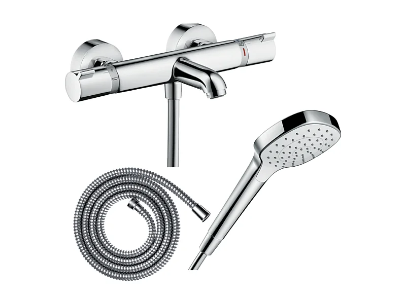 Pack mitigeur bain thermostatique HANSGROHE Ecostat Comfort + Flexible Metaflex 1,6m + Pommeau Croma Select E EcoSmart chromé