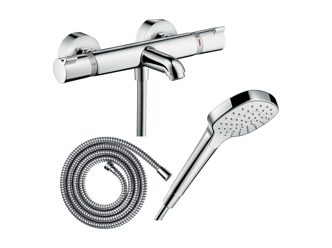 Pack mitigeur bain thermostatique HANSGROHE Ecostat Comfort + Flexible Metaflex 1,6m + Pommeau Croma Select E EcoSmart chromé