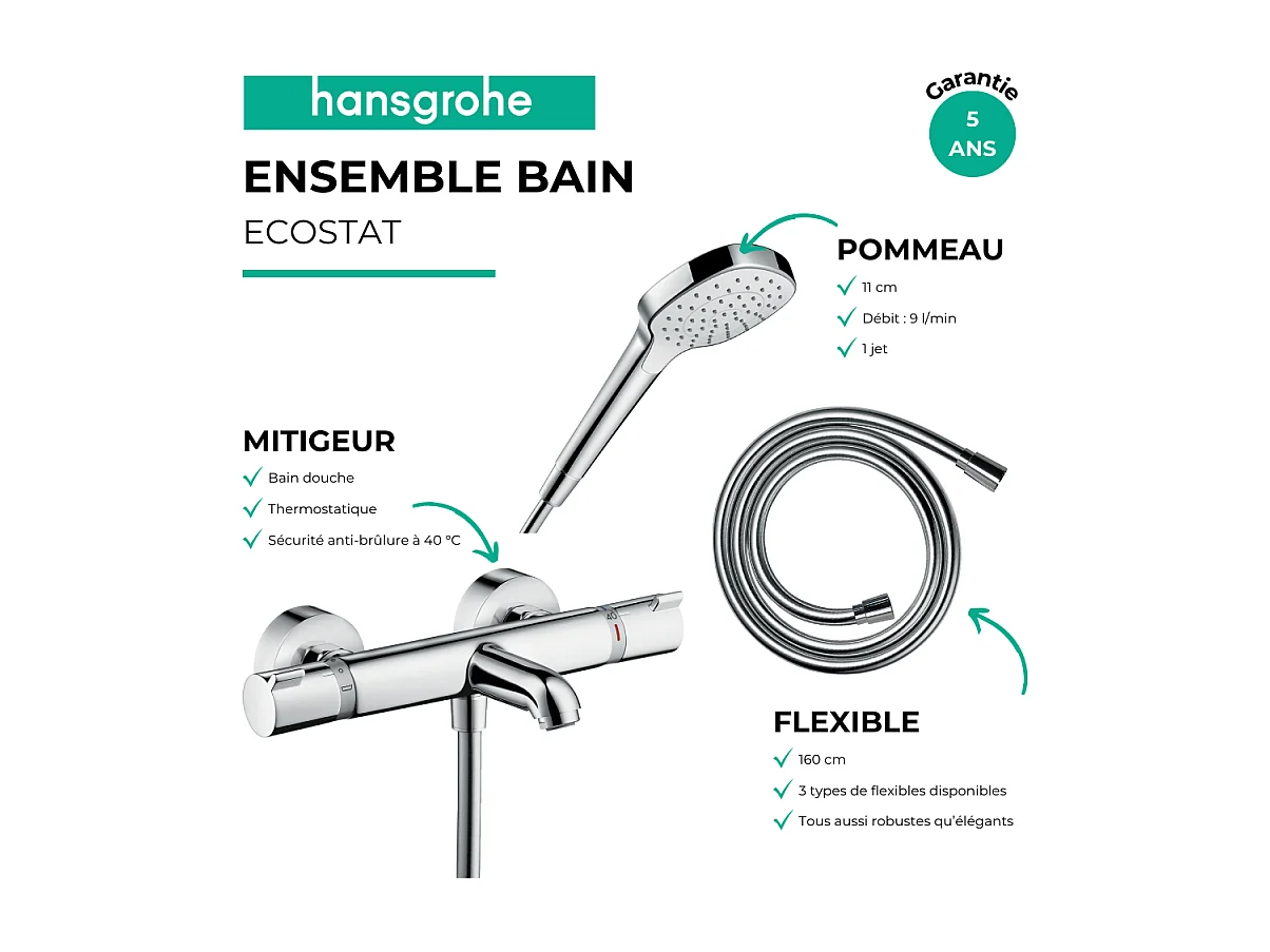 Pack mitigeur bain thermostatique HANSGROHE Ecostat Comfort + Flexible Metaflex 1,6m + Pommeau Croma Select E EcoSmart chromé