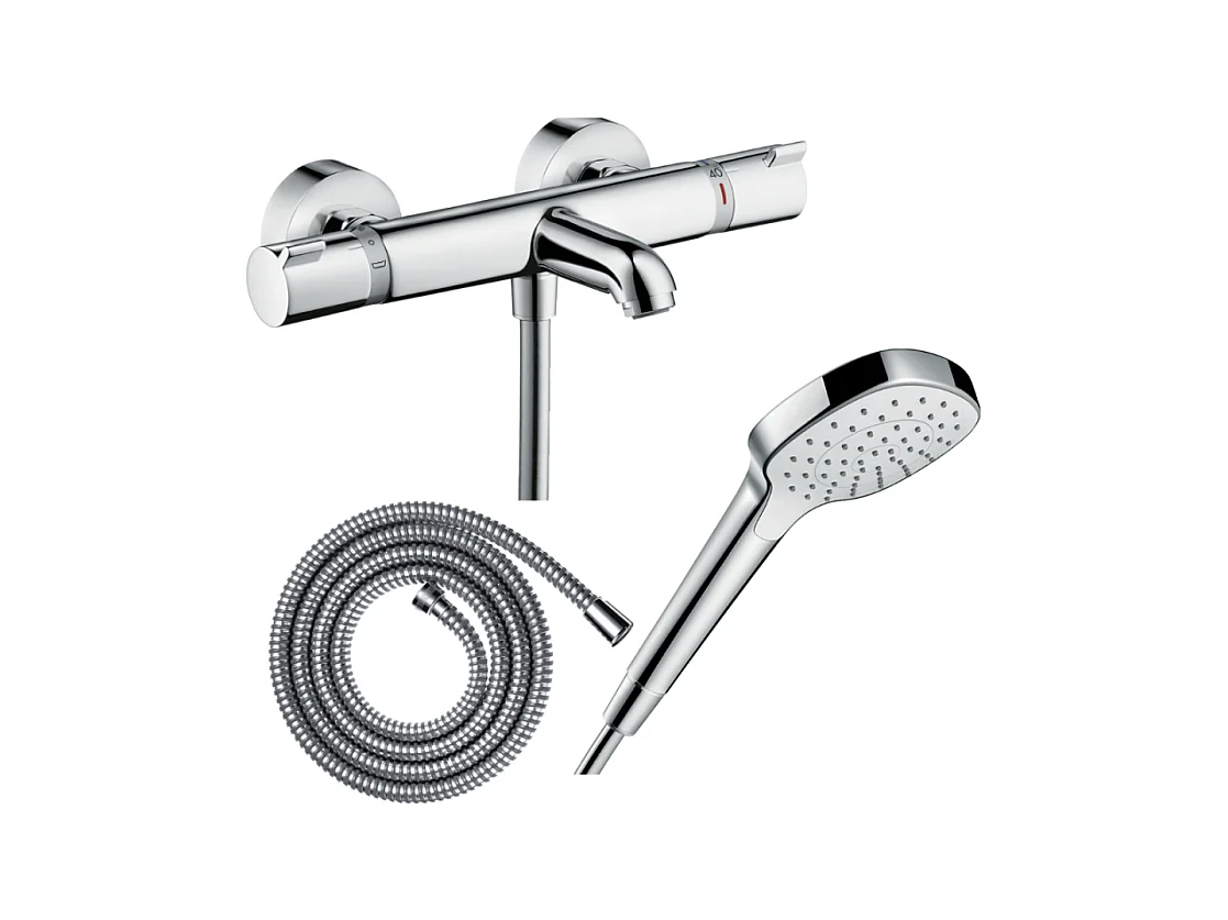 Pack mitigeur bain thermostatique HANSGROHE Ecostat Comfort + Flexible Metaflex 1,6m + Pommeau Croma Select E EcoSmart chromé
