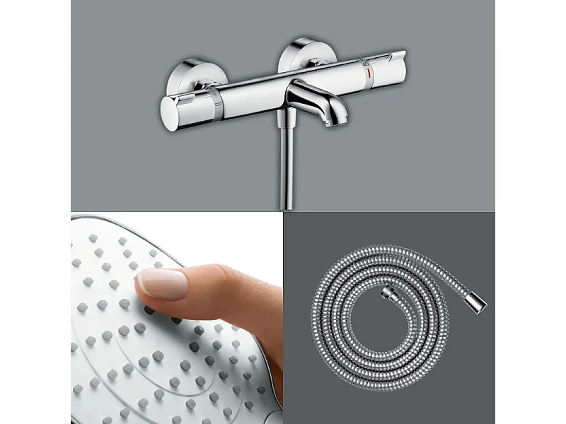 Pack mitigeur bain thermostatique HANSGROHE Ecostat Comfort + Flexible Metaflex 1,6m + Pommeau Croma Select E EcoSmart chromé