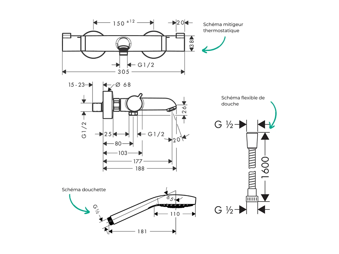 Pack mitigeur bain thermostatique HANSGROHE Ecostat Comfort + Flexible Metaflex 1,6m + Pommeau Croma Select E EcoSmart chromé
