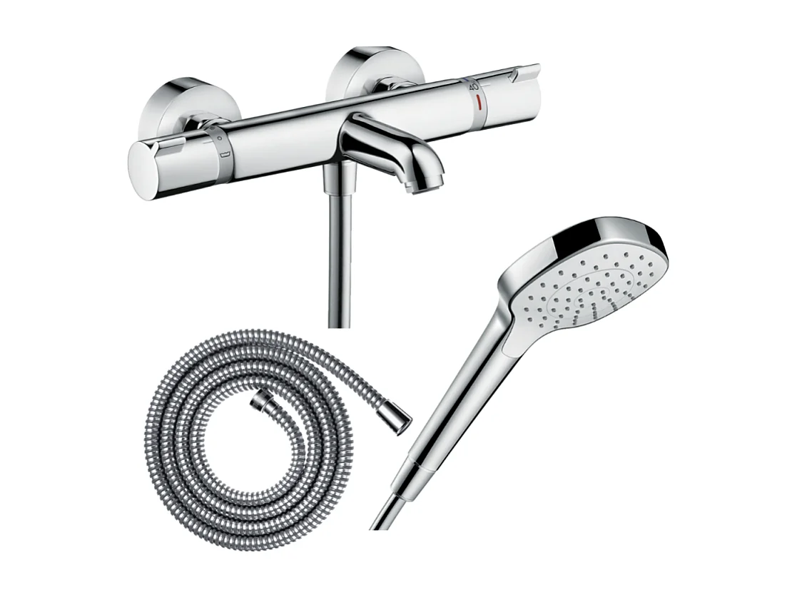 Pack mitigeur bain thermostatique HANSGROHE Ecostat Comfort + Flexible Metaflex 1,6m + Pommeau Croma Select E EcoSmart chromé