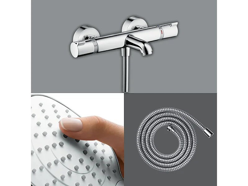 Pack mitigeur bain thermostatique HANSGROHE Ecostat Comfort + Flexible Metaflex 1,6m + Pommeau Croma Select E EcoSmart chromé