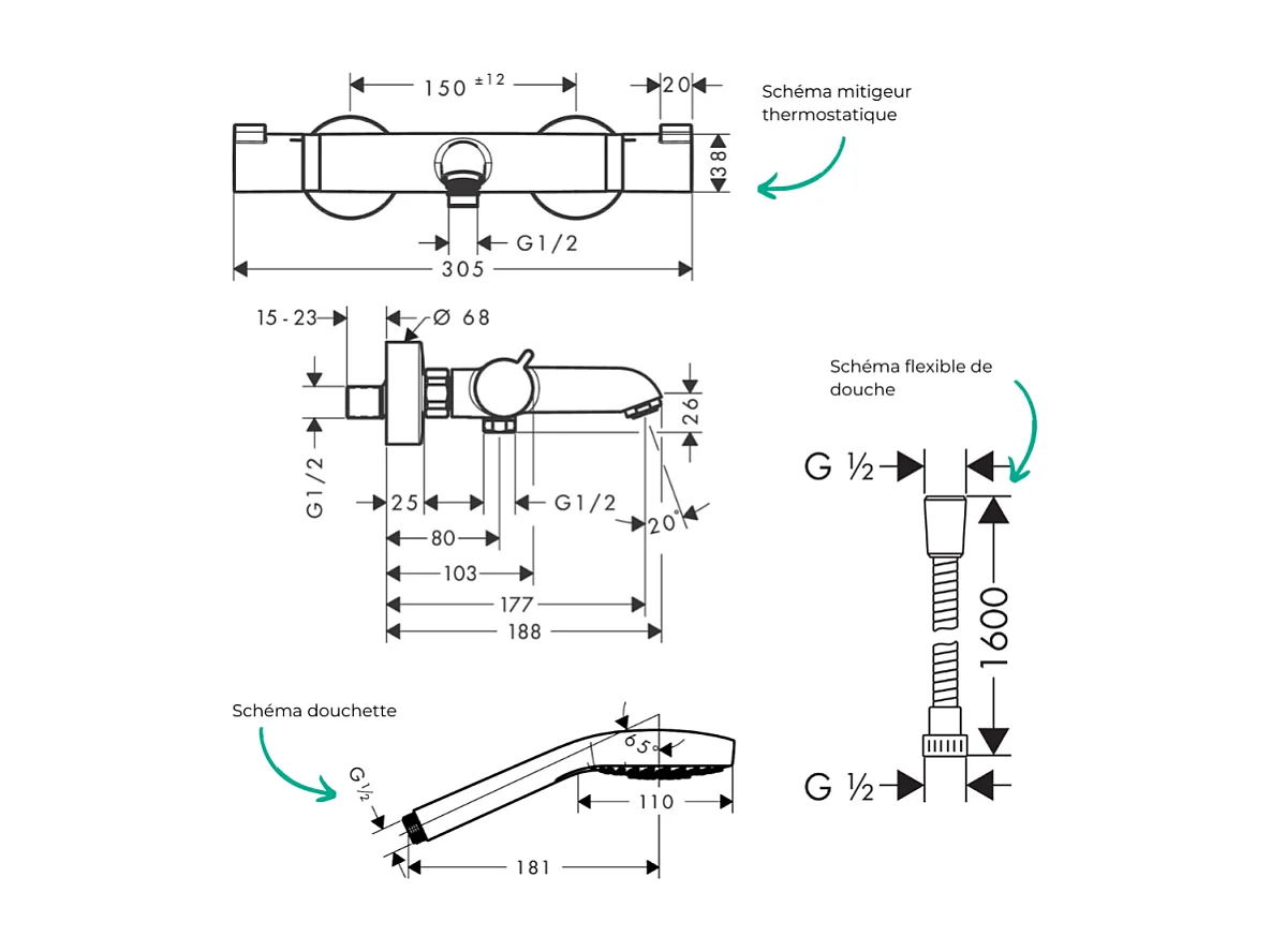 Pack mitigeur bain thermostatique HANSGROHE Ecostat Comfort + Flexible Metaflex 1,6m + Pommeau Croma Select E EcoSmart chromé