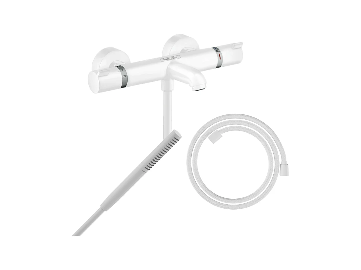 Pack mitigeur bain douche thermostatique HANSGROHE Ecostat Comfort  + Flexible Designflex + Pommeau Pulsify S blanc mat