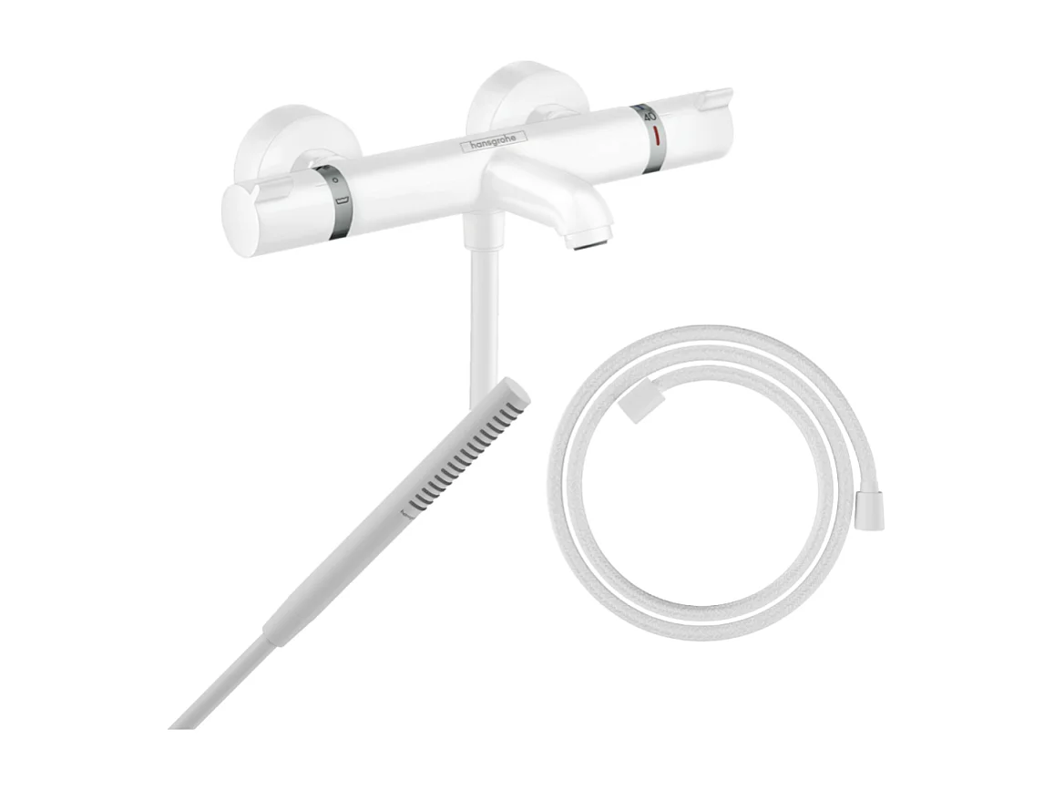 Pack mitigeur bain douche thermostatique HANSGROHE Ecostat Comfort  + Flexible Designflex + Pommeau Pulsify S blanc mat