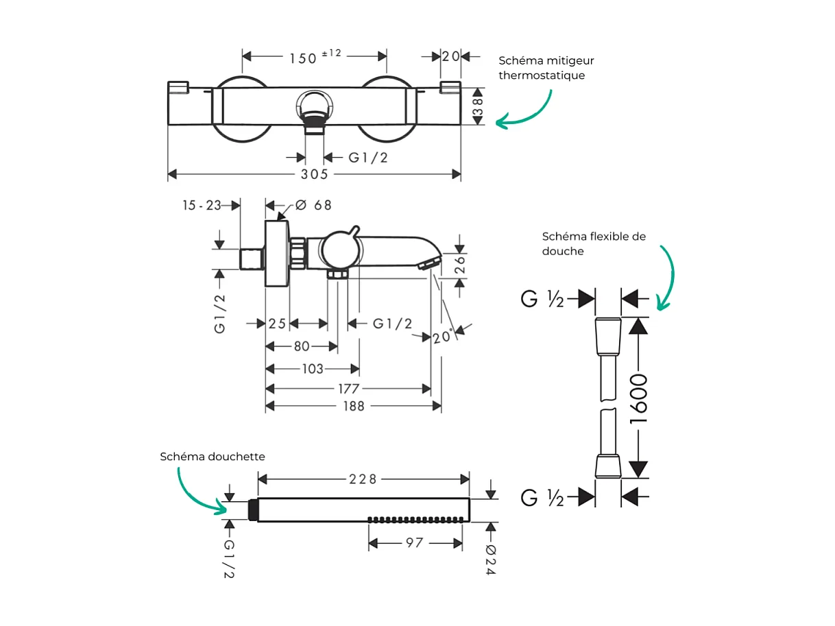 Pack mitigeur bain douche thermostatique HANSGROHE Ecostat Comfort  + Flexible Designflex + Pommeau Pulsify S blanc mat