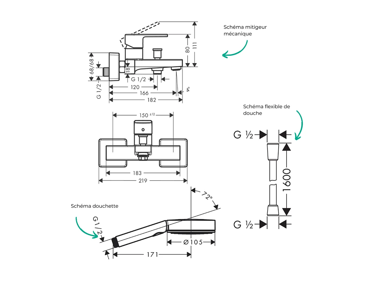 Pack mitigeur bain douche HANSGROHE Vernis Shape + Flexible Isiflex +Pommeau HANSGROHE Pulsify Select 105 3 jets noir mat