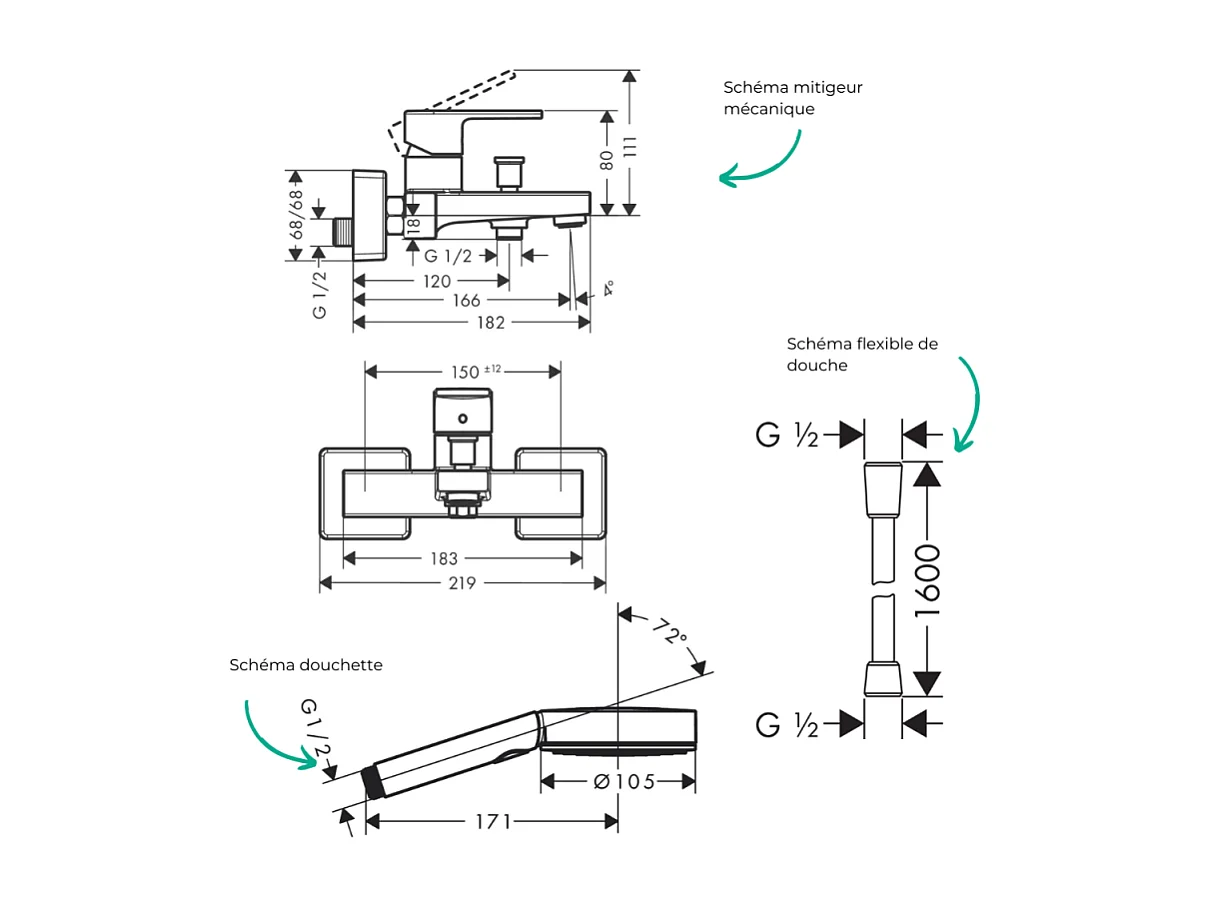 Pack mitigeur bain douche HANSGROHE Vernis Shape + Flexible Isiflex +Pommeau HANSGROHE Pulsify Select 105 3 jets noir mat
