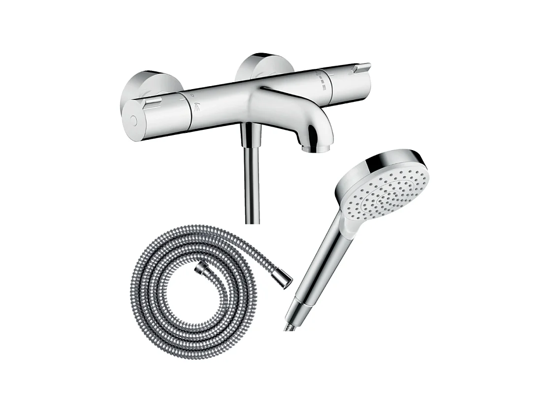 Pack mitigeur bain thermostatique HANSGROHE Ecostat 1001CL + Flexible Metaflex + Pommeau Vernis Blend 100 EcoSmart 1jet chromé