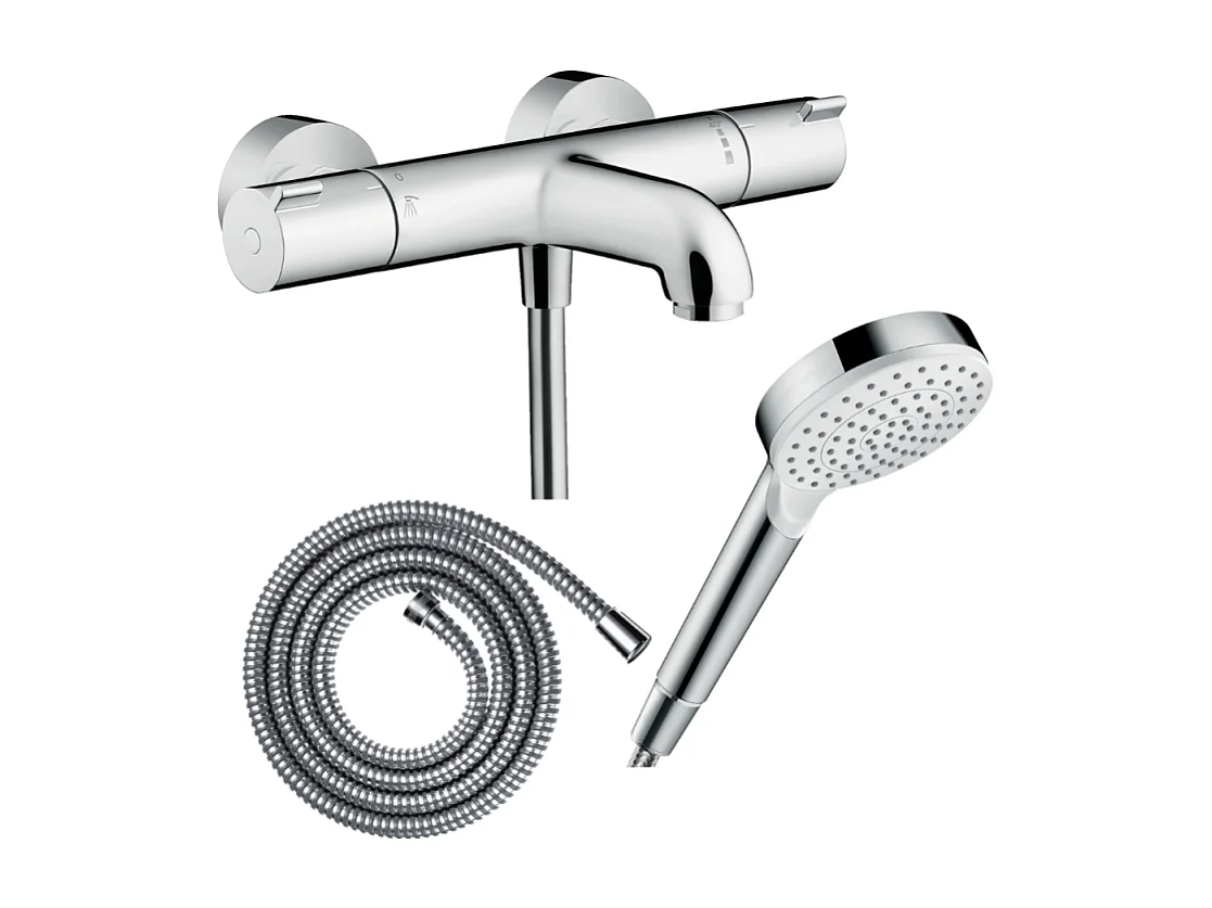 Pack mitigeur bain thermostatique HANSGROHE Ecostat 1001CL + Flexible Metaflex + Pommeau Vernis Blend 100 EcoSmart 1jet chromé