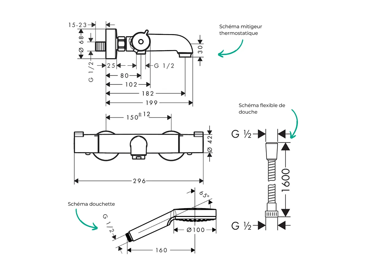 Pack mitigeur bain thermostatique HANSGROHE Ecostat 1001CL + Flexible Metaflex + Pommeau Vernis Blend 100 EcoSmart 1jet chromé
