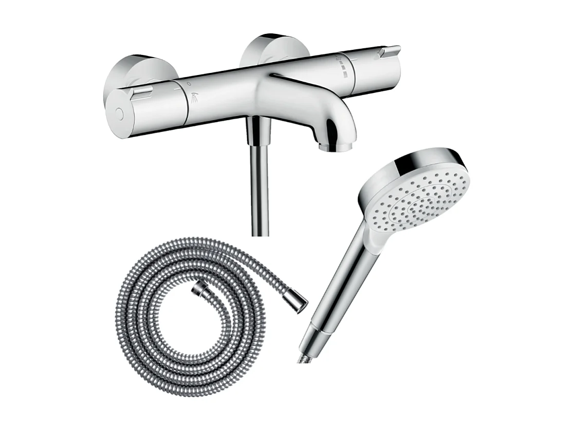 Pack mitigeur bain thermostatique HANSGROHE Ecostat 1001CL + Flexible Metaflex + Pommeau Vernis Blend 100 EcoSmart 1jet chromé