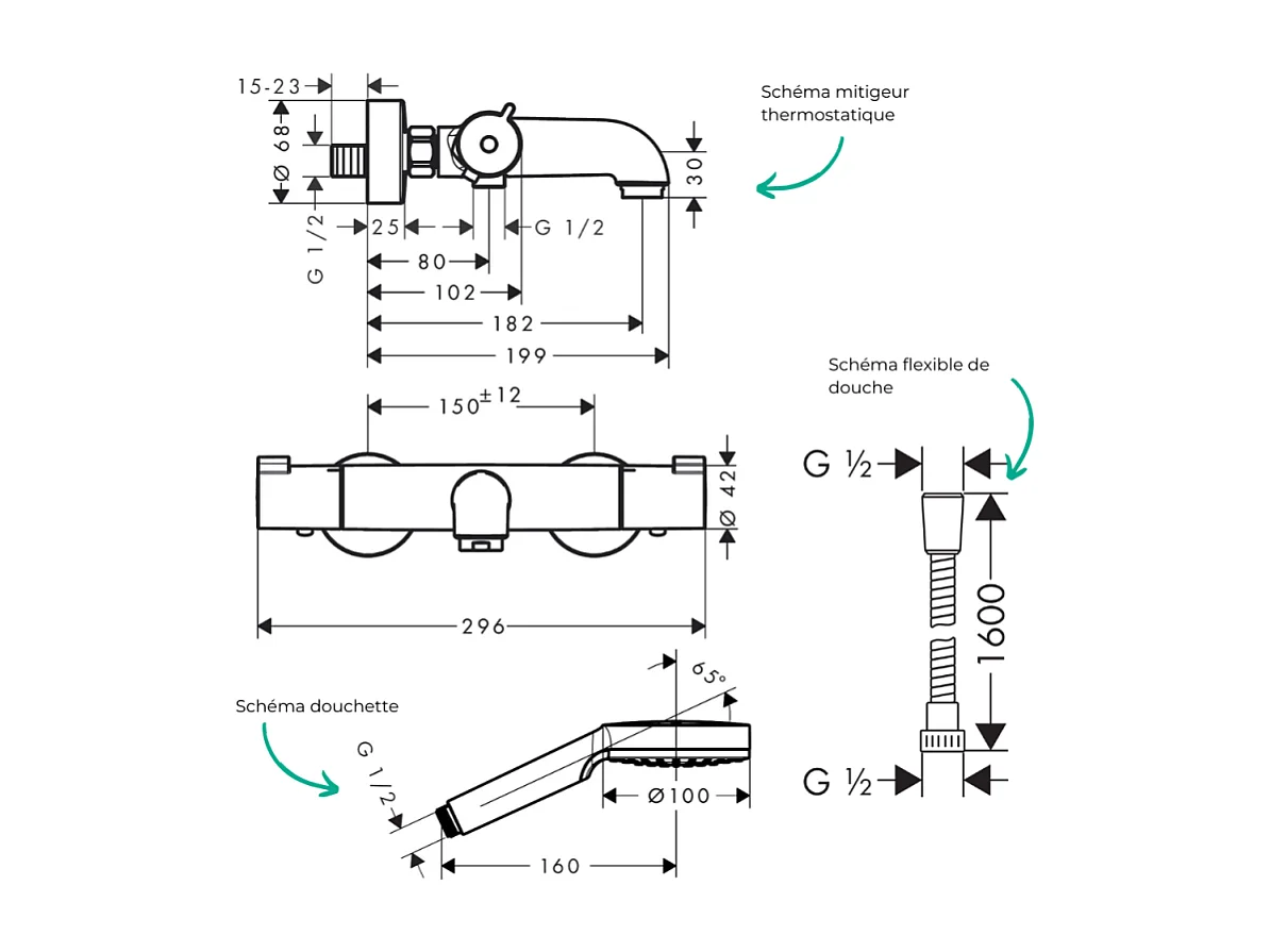Pack mitigeur bain thermostatique HANSGROHE Ecostat 1001CL + Flexible Metaflex + Pommeau Vernis Blend 100 EcoSmart 1jet chromé