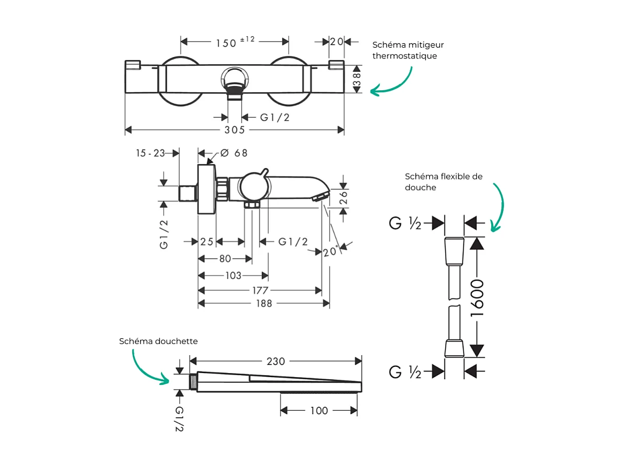Pack mitigeur bain douche thermostatique HANSGROHE Ecostat Comfort + Flexible Designflex + Pommeau Pulsify E bronze brossé