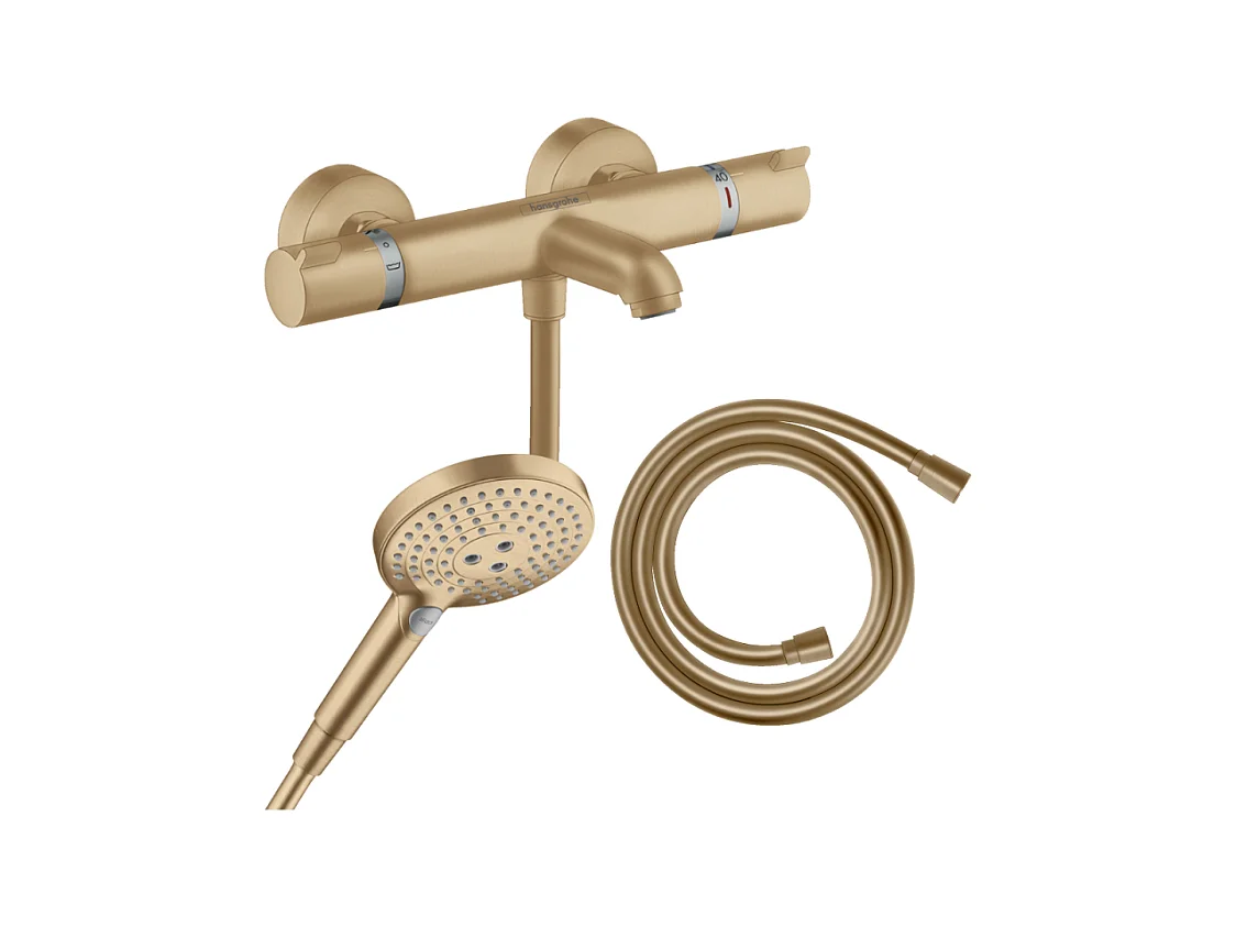 Pack mitigeur bain douche thermostatique HANSGROHE Ecostat Comfort + Flexible Isiflex + Pommeau Raindance Select 3jets bronze